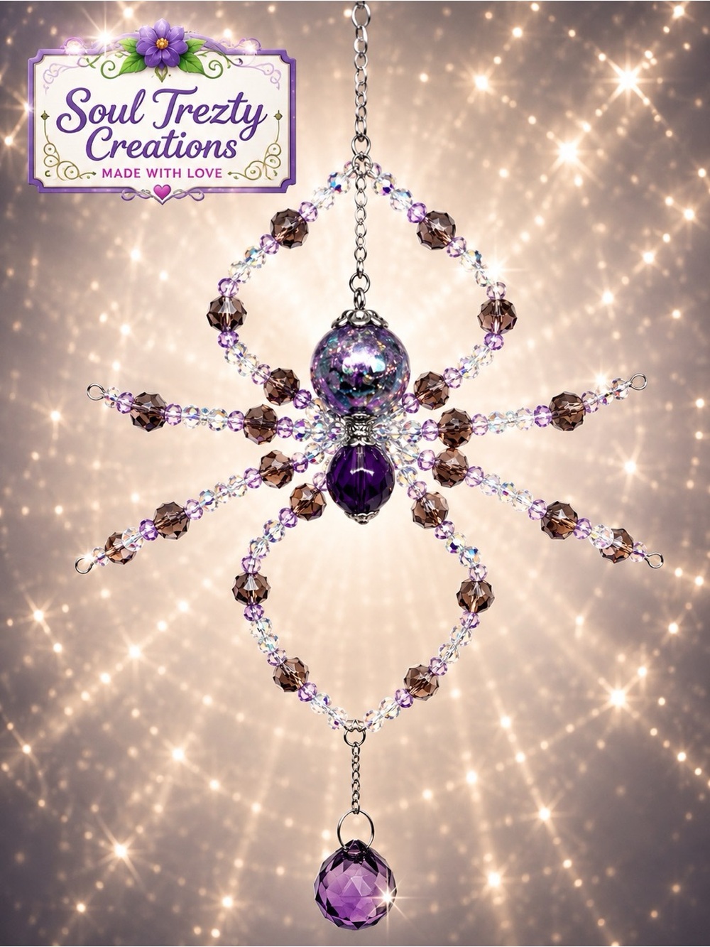 Purple Beaded Crystal Spider Sun Catcher